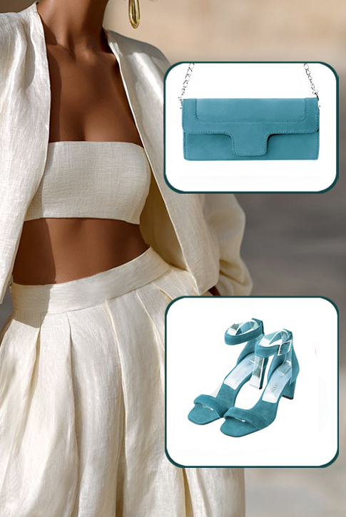 Dress sandals ankle strap in peacock blue leather with medium comma heels and square toe - Top view